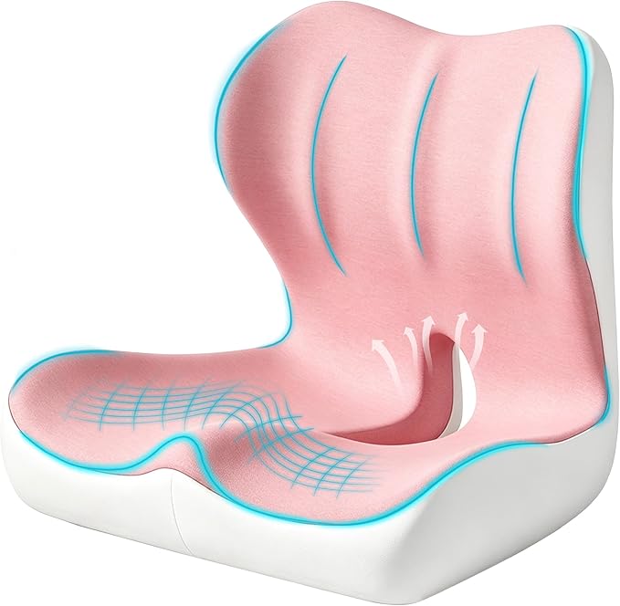 Seat Cushion for Office Chair and Car, Ergonomic Memory Foam Seat Cushion with Lumbar Support Pillow, Orthopedic Cushion for Sciatica & Back Pain, Pink & Light Gray