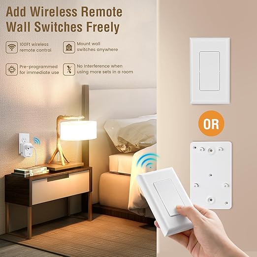 SURAIELEC Wireless Wall Switch Remote Control Outlet, No Wiring, 100ft RF Range, Pre-Programmed, Expandable Wireless Light Switches for Plug in Pendant Light, Lamp (2 Wall Switches and 1 Receiver)