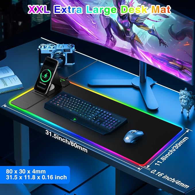 RGB Gaming Mouse Pad with Magnetic Wireless Charging & Foldable Phone Stand | 31.5"x11.8" XL Extended Mousepad with Stitched Edges, Ultra-Smooth Waterproof Surface, 25 Lighting Effects, Non-Slip Base