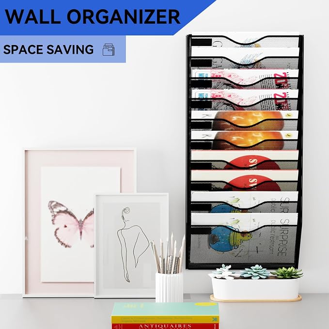 10 Pockets Hanging Wall File Organizer Mail Holder, Wall Mounted Paper Document Folder Holder, Clipboard Storage Organization Magazine Rack, Black