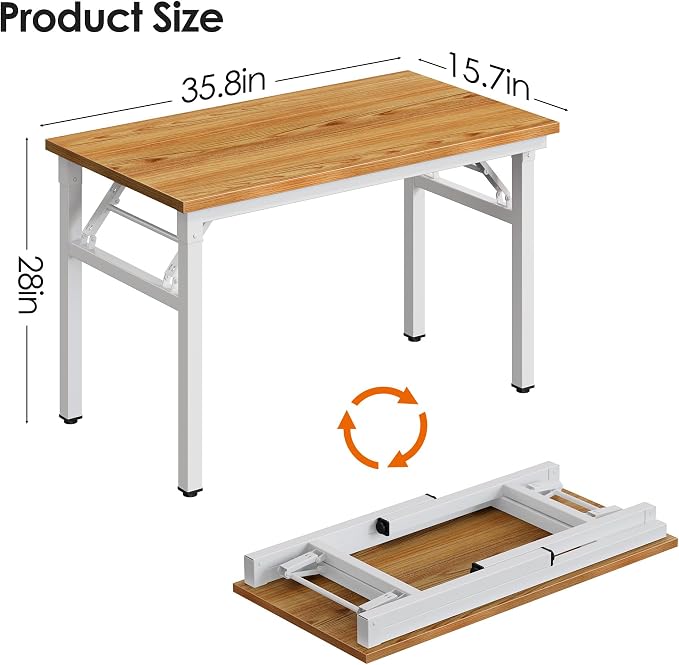 DlandHome Folding Desk for Small Spaces, 35.8IN Computer Desk Folding Table, Foldable Office Desk Computer Table Writing Workstation for Home Office, Study, Bedroom, No Assembly Required, Teak & White