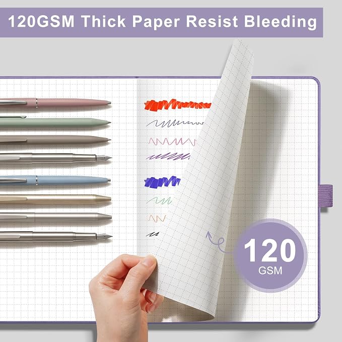 AHGXG Graph Grid Paper Notebook, 160 Pages, A5 Medium Size (5.7'' x 8.3''), 120 GSM Thick Paper, Leather Hardcover, for School, Students, Math, Engineering (Light Purple)