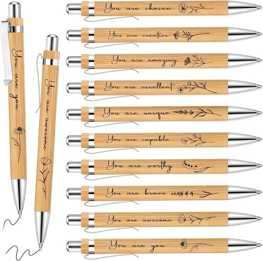 Watersay 10 Pcs Inspirational Bamboo Pens Bulk Flower Ballpoint Pens with Black Ink Employee Appreciation Thank You Gift for Women Men Easter Coworker Staff Social Worker Volunteer Teacher Nurse
