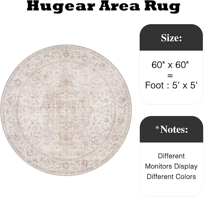 HUGEAR 5ft Round Rug Entryway Rugs Machine Washable Beige Hallway Area Rug 5x5 Small Circle Floral Low Pile Carpet Soft Throw Rug Living Office Laundry Entrance Non Slip