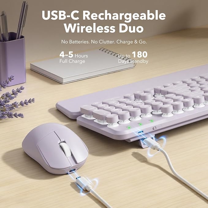 Wireless Keyboard and Mouse Combo, Backlit Round Keycaps, Retro Typewriter Keyboard with Magnetic Wrist Rest, USB-C Rechargeable & Tilt Legs, 2.4GHz Cordless for Mac Windows PC (Glowing Pastel Purple)