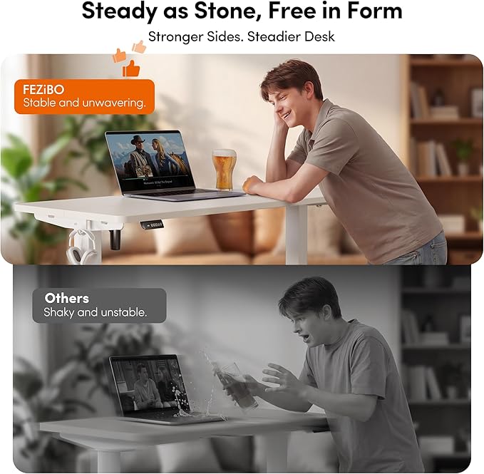 FEZIBO Standing Desk, 63×28 Inches Electric Height Adjustable, Sit Stand Up, Computer Office Desk with Splice Board, While Frame/While TOP