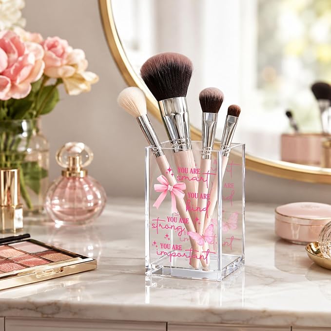 Butterfly Acrylic Pen Holder Cup, Inspirational Affirmation Desk Decor, Positive Quotes Pencil Holder Organizer, Aesthetic Office Accessories, Gift for Women Teen Girls
