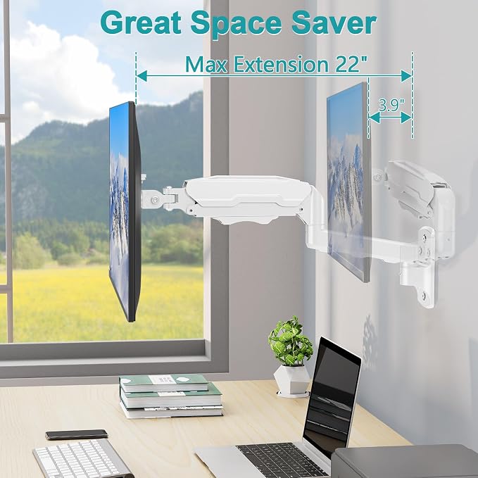 MOUNT PRO Single Monitor Wall Mount for 13 to 32 Inch Computer Screens, Height Adjustable Wall Mount Monitor Arm Holds Up to 19.8lbs, Full Motion Wall Bracket, VESA Mount 75x75, 100x100, White