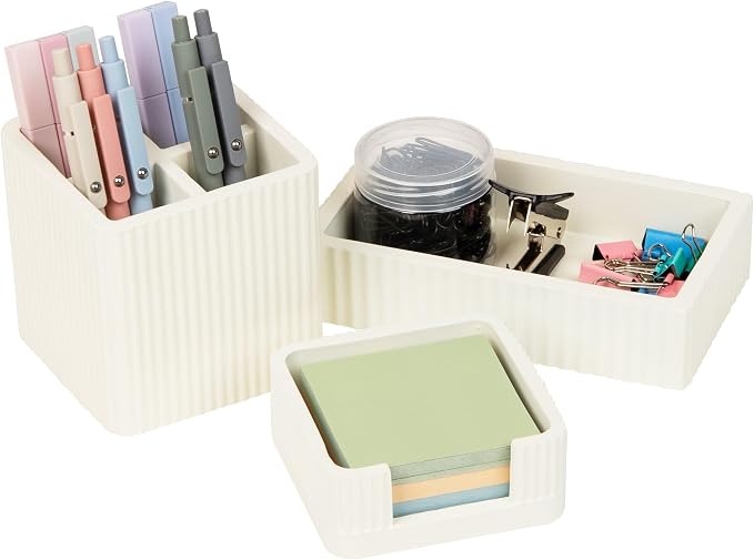 Mind Reader 3-Piece Cement Desk Organizer Set, Desktop Accessory Kit with Pen Cup, Sticky Note Holder, Catch-All Tray, Modern Office Decor, Cement, Cream