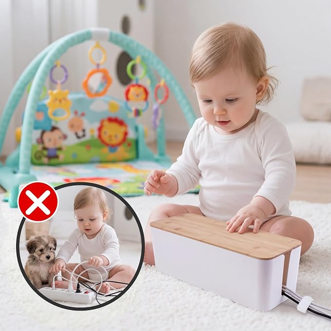 2 Pack Cable Management Box - Cord Organizer Box with Wooden Lid for TV Wires, Power Strips, Router, USB Hub & Under Desk Power: Baby & Pet Proof Cord Management, Cord Hider for Home & Office (White)