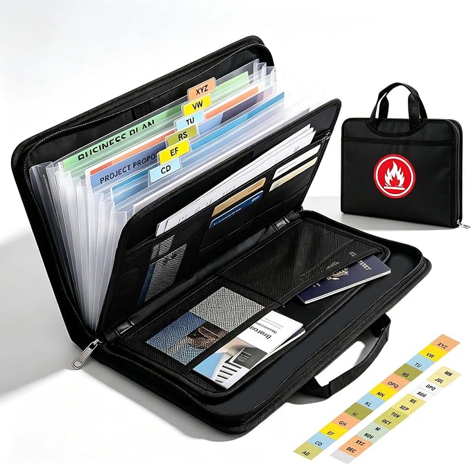 Fireproof Accordion File Organizer Bag A4 13 Pockets Expandable Document Folder with Handle Portable Important Document Storage Case Fire Resistant File Organizer for Home Office Travel Black