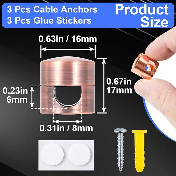 SmallCat 3 Sets Charger Holders for Cords, Adjustable Cable Anchor Holders, Adhesive Metal Cord Clips, Cable Management Wire Organizers for Desk, Office, Nightstand - Gold, Red Bronze, Rose Gold