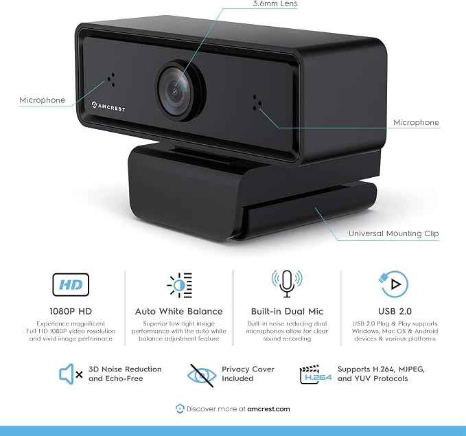 Amcrest 1080P Webcam with Microphone & Privacy Cover, 2 Noise-Cancelling Mics, USB Webcams for Desktop/Laptop PC Computer, Web Cam for Calls, Conference, Zoom, Skype, Online Classes, Meetings AWC2198