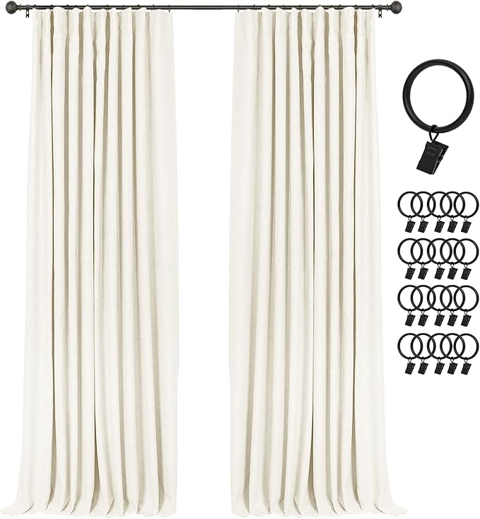 INOVADAY 100% Blackout Curtains for Bedroom, Black Out Curtains 108 Inch Long, Clip Rings Linen Blackout Drapes, Thermal Insulated Room Darkening for Living Room, 2 Panels - Lightcream,W50xL108