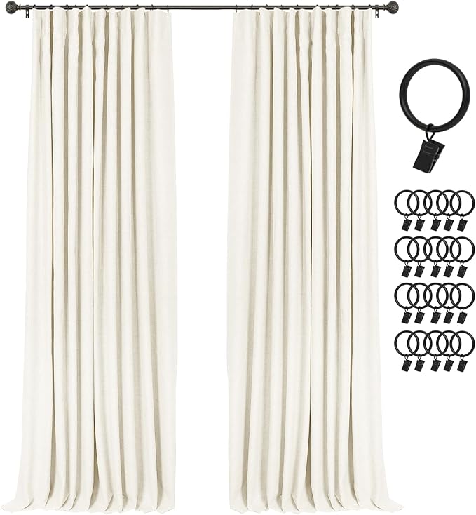 INOVADAY 100% Blackout Curtains for Bedroom, Black Out Curtains 96 Inch Long, Clip Rings Linen Blackout Drapes, Thermal Insulated Room Darkening for Living Room, 2 Panels - Lightcream,W50xL96
