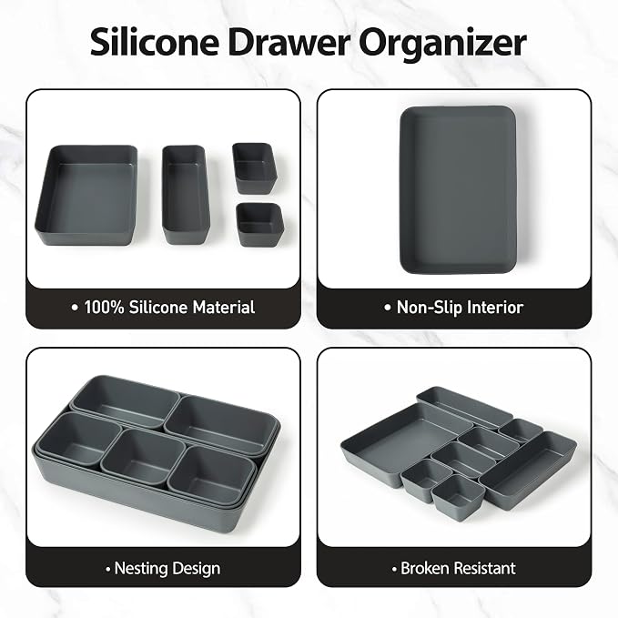 ISSEVE 8Pcs Silicone Drawer Organizer Trays for Bathroom, 4 Sizes, Black | For Vanity, Desk, Nightstand, Makeup, Jewelry, Toiletries, and Office Small Items, Nesting Organizer Trays, Drawer Organizer