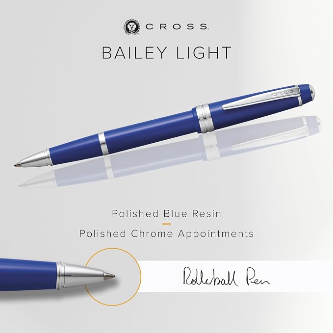 Cross Bailey Light Polished Blue Resin Rollerball Pen - Professional Pen for Effortless Writing - Journaling, Note-Taking & More - Black Ink - Easy Handling - Includes Gift Box