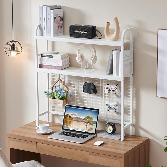 Desk Shelf, 36.8” Desktop Organizer Shelf with Grid Panel and Hooks, Desk Hutch for Computer Monitor, 2 Tier Desk Display Rack Wood Desktop Bookshelf Storage for Home Office Dorm