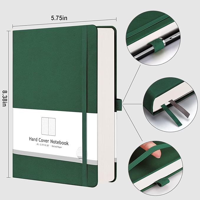 AHGXG Dotted Journal - 320 Numbered Pages Dot Grid Notebook A5 Thick Journal, 100gsm Thick Dotted Paper, Leather Hardcover,Inner Pocket, 5.75'' × 8.38'', Dark Green