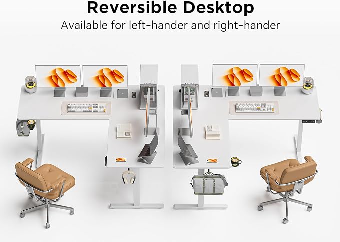 WALKINGDESK 63x55 Inches Reversible L Shaped Standing Desk, Height Adjustable With Cup Holder, Electric Corner Computer Workstation, Sit Stand up Home Office, Standing Desk with Cable Management White