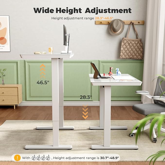 Glass Electric Standing Desk with Drawer, 35" x 20" Whole Piece Small Sit Stand Table, Height Adjustable Desk with Storage & USB Ports, Quick Install Home Office Computer Desk, White