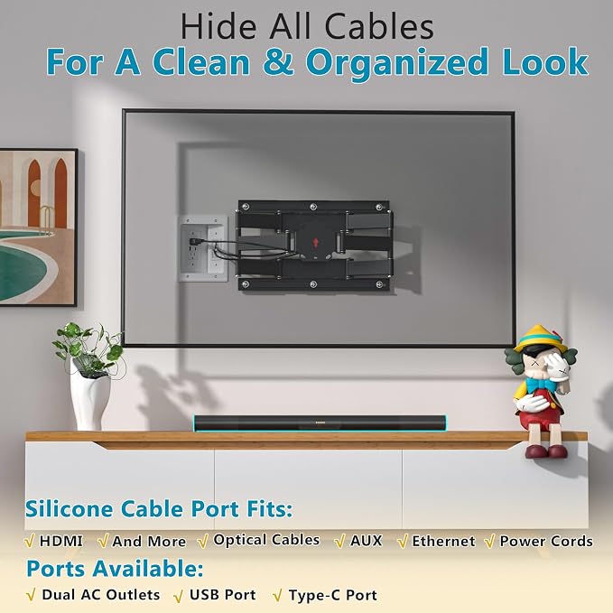 in-Wall Cable Management Kit, Dual Outlet Cable Hider with TypeC/USB Power Port (Unwired), Cutting Template, Perfect for Wall Mounted TVs