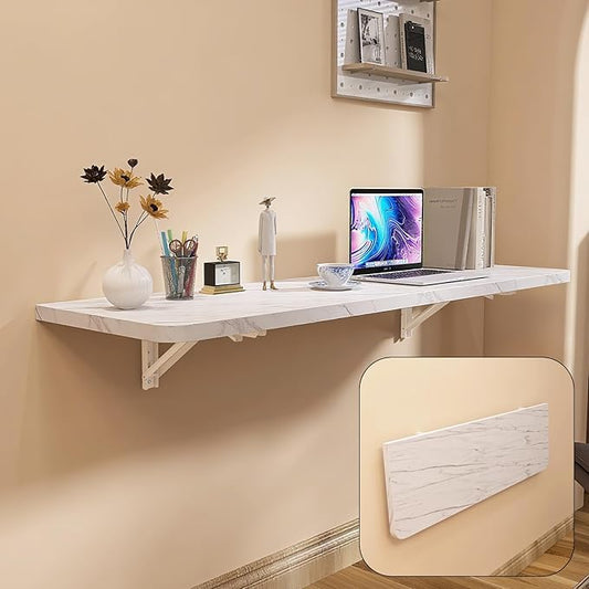 Wall Mounted Folding Table 40"x 16" with Removable Heavy-Duty Brackets Support Up to 200 Pounds Folding Desk for Small Space Home Laundry Room Office Rv Suitable for Solid Wall (White Marble Pattern)