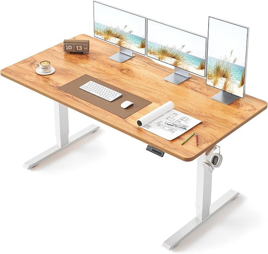 BANTI 63 × 28 Inches Standing Desk, Ergonomic, Electric Height Adjustable, Sit and Stand Up, Computer Office Desk with Splice Board, White Frame/Light Rustic Top
