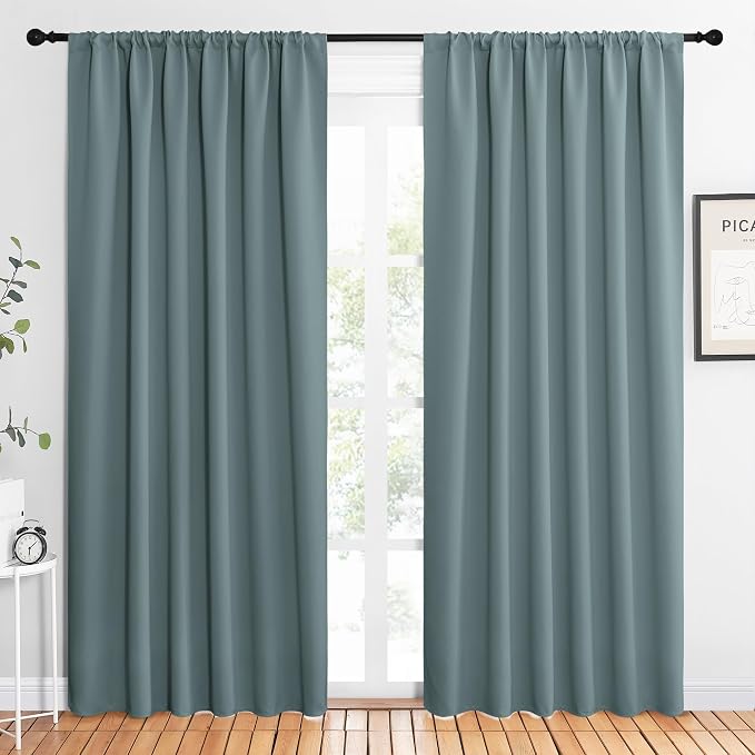 NICETOWN 2 Panels Blackout Curtains, Rod Pocket Thermal Insulated Drapes 84 inches Long, Easy-Care Modern Home Decoration Sunshades for Guest Room, Living Room, Office, 62 x 84 Inch, Greyish Blue