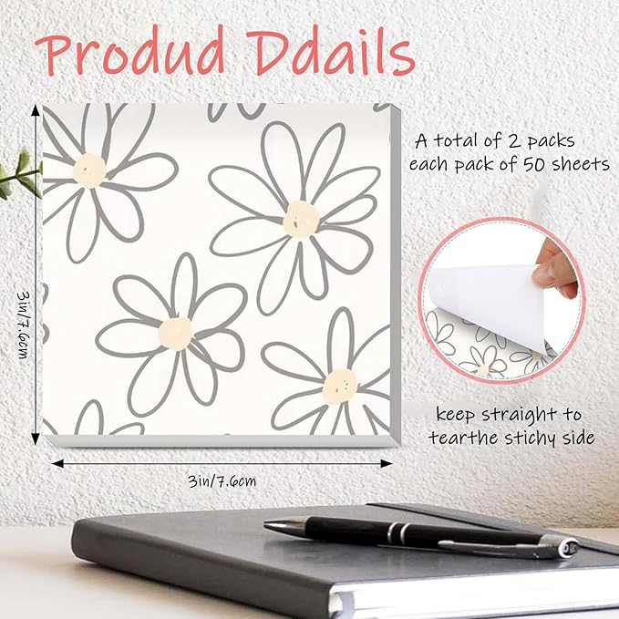 Sticky Notes 3x3 Inches, 2 Pads Cute Colorful Self-Stick Note Pads, Easy to Post for Home, Office and Daily Life Organization Beige Base Daisy