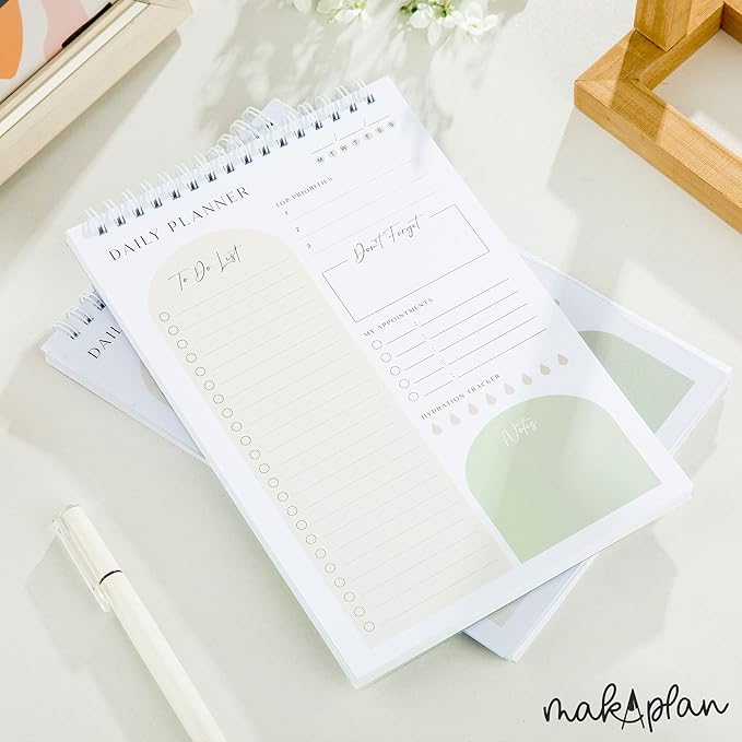 Daily Planner To Do List Notepad 60 Undated Pages,Almond,Twin-ring Spiral Bindling 6x9 Inch Desktop Daily Planning Notepad with Protective Cover,Notebook for Daily Tasks, Water Intake, Habit Tracker