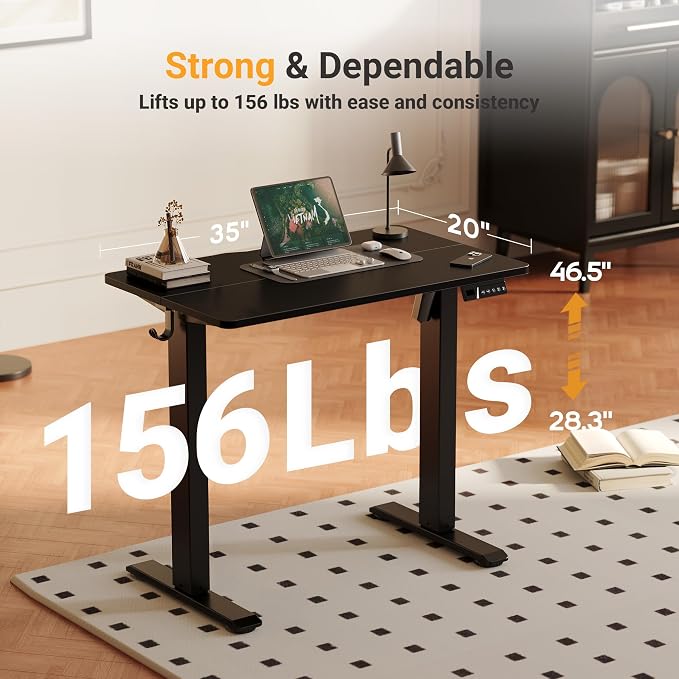 YDN Electric Standing Desk, 35x20 Inch, Black | 3 Memory Presets, Cable Management, Adjustable Height, Sit Stand, Space-Saving, Computer Workstation, Home Office