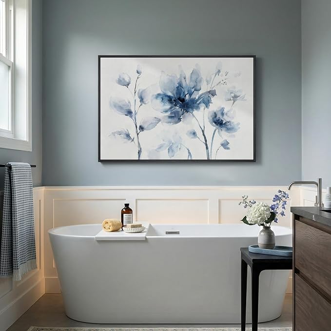 Framed Blue Floral Wall Art for Bedroom, Modern Botanical Canvas Painting Prints, Natural Minimalist Pastel Watercolor Elegant Flower Pictures for Living Room Dining Room Office Wall Decor, 24x36 Inch