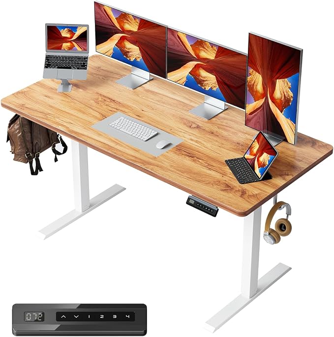 CubiCubi 48 x 24 Large One-Piece Standing Desk, Adjustable Height Electric Computer Home Office Sit Stand up Workstation, with 4 Memory Presets, Headphone Hook, Light Vintage