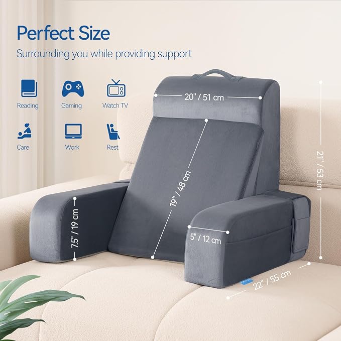 Kayfia Reading Pillow, Gel Memory Foam Back Rest Pillow, 21'', Gray | 3 Storage Pockets, Dual-Use Back Leg Support Pillow, Detachable Armrests, Ideal for Reading, Gaming, Working on Bed & Couch