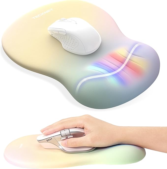 TECKNET Ergonomic Mouse Pad with Wrist Rest, Memory Foam Mousepad with Wrist Support, Smooth Surface, Middle Concave & Non-Slip Base for Laptop/PC, Pain Relief for Home Office Gaming, Yellow