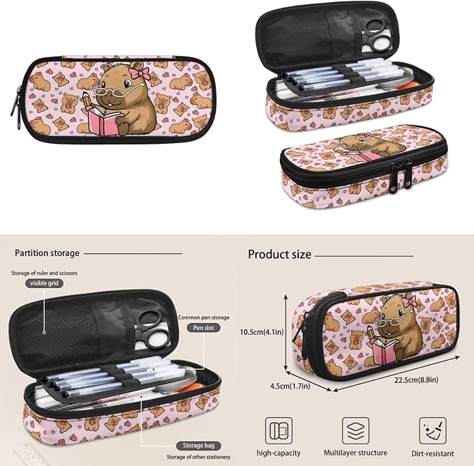 Doojoayie Strawberry Capybara 3rd Grade Backpack for Girls Casual Kawaii Girls Backpack with Lunch Box 17 inch Lightweight Bookbag with Heavy Duty Zippers for Daily School Needs Book Theme