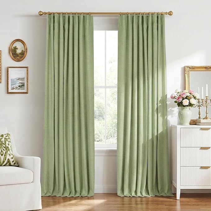 INOVADAY 100% Blackout Curtains for Bedroom, Sage Green Black Out Curtains 102 Inch Long, Clip Rings Linen Blackout Drapes, Thermal Insulated Room Darkening for Living Room, 2 Panels - W50xL102