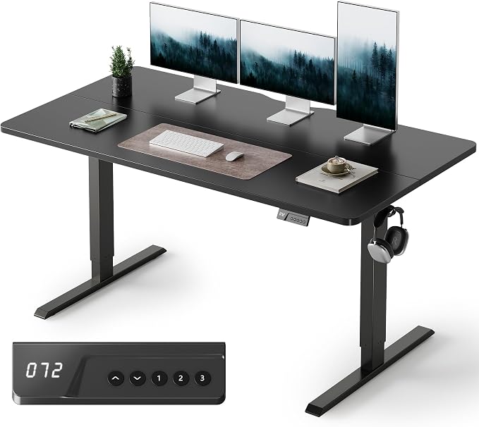 FEZIBO Standing Desk, 63×28 Inches Electric Height Adjustable, Sit Stand Up, Computer Office Desk with Splice Board, Black Frame/Black TOP