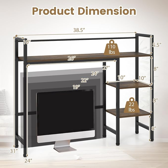 Tangkula 4-Tier Desktop Bookshelf, 38.5" Dorm Desk Hutch, Rustic Brown | Tabletop Hutch for Computer Monitor, 4 Open Storage Shelves, Anti-tip Device, Desktop Display Shelves for Home Office
