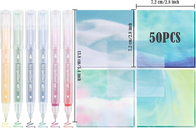 BAYTORY 200 Sheets Transparent Sticky Notes, 6Pcs Double-Ended Colored Marker Pen, 3 x 3 Glitter Clear Sticky Notes, Waterproof Self-Stick Note, Easy to Post for Note Taking (Morandi)