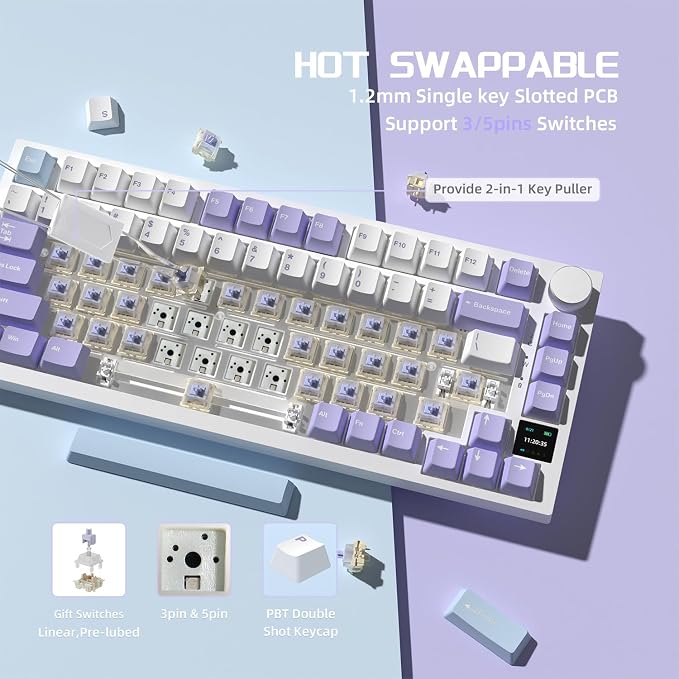 Attack Shark ajazz AK820 Pro Wireless Mechanical Gaming Keyboard TFT Display &Knob Hot Swappable Bluetooth 5.1/2.4G hz/Type-C Gasket-Mounted RGB Backlit Custom Keyboard for PC/Win(Purple/Gift Switch)
