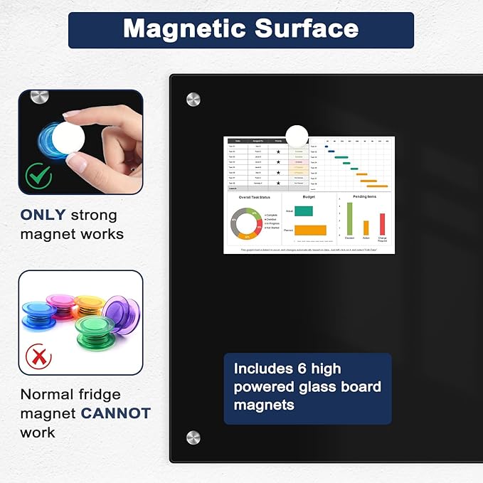 Magnetic Black Glass Dry Erase Board, 24" x 18", Frameless Wall Mount | Glass Whiteboard for Wall, Includes 1 Marker Tray and 6 Magnets, White Board for Office, Home, Classroom
