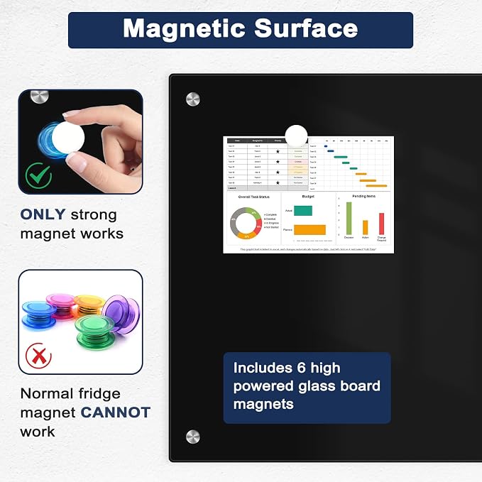 Magnetic Black Glass Dry Erase Board, 6' x 4', Frameless Wall Mount | 72" x 48" Large Glass Whiteboard for Wall, Includes 1 Marker Tray and 10 Magnets, White Board for Office, Home, Classroom