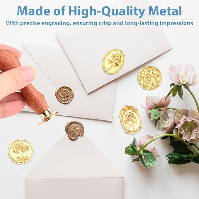 13 Pcs Wax Seal Stamp Kit 12 Pcs Sealing Wax Stamp Heads with Wooden Handle for Letter Wedding Party Invitations Gift Wrapping Encapsulation Greeting Cards Flower Floral