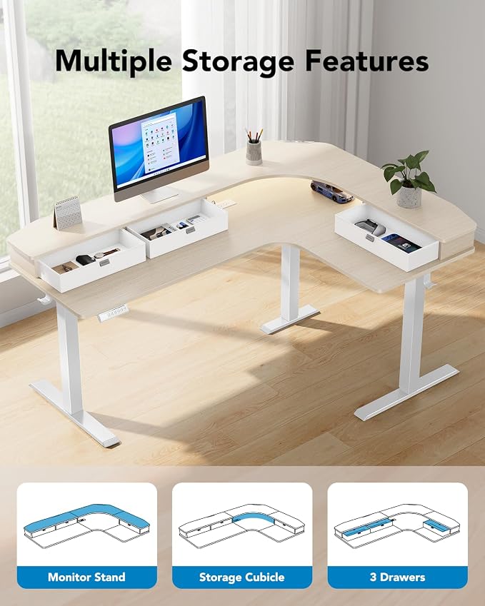 HUANUO 65″ L Shaped Standing Desk with 3 Drawers, Electric Height Adjustable Corner Computer Desk with Power Outlets & LED Strip, Sit Stand Up Desk for Home Office, Natural Wood