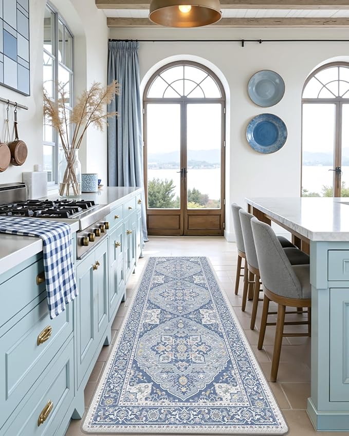 DEXI Kitchen Floor Mats Anti Fatigue, 23x107 Large Long Cushioned Vintage Runner Rug Waterproof, Standing Comfort Memory Foam Padded for Front Sink Laundry Office, Light Grey and Blue