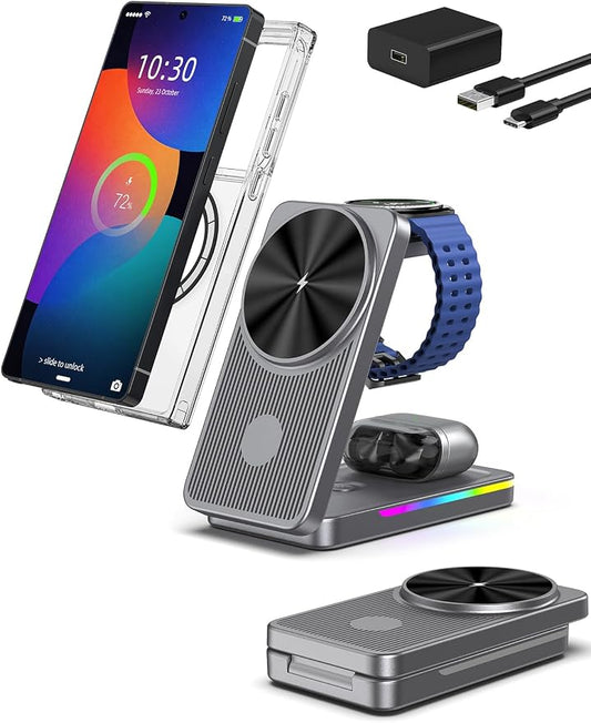 Magnetic Wireless Charger for Samsung Galaxy S26 Ultra, 3 in 1 Wireless Charging Station for Samsung Watch 8, Travel Foldable MagSafe Charger Stand for Android S25 Ultra/Z Fold/Z Flip 7, Buds 4 Pro