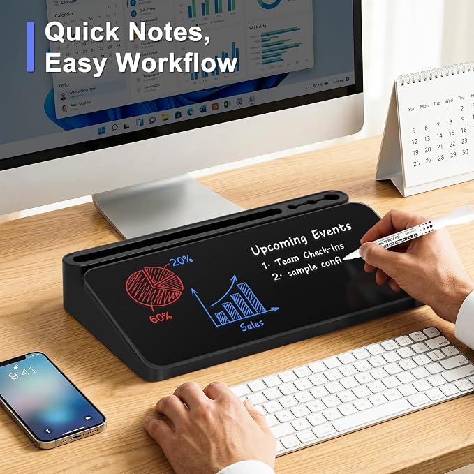 WALGLASS Small Desktop Whiteboard with Storage, Glass Desk Dry Erase White Board Computer Keyboard Phone Pad Stand with Drawer, Desk Organizers with Accessories for Office, Home, School Supplies Black