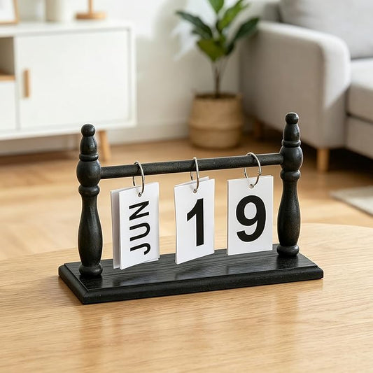 Wooden Perpetual Desk Calendar - Vintage Rustic Flip Calendar with Metal Rings & Reusable Daily Date Cards(Black)